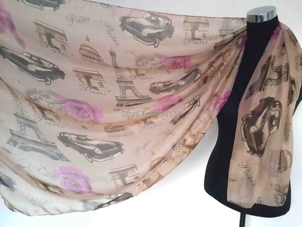 Сувенир Париж здания автомобиля Цветы Печать Шарф Шаль Обертывание шарфы
