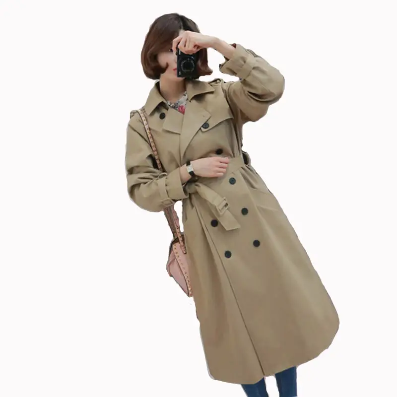 Женский двубортный Тренч цвета хаки длинное пальто элегантная ветровка тренчкот