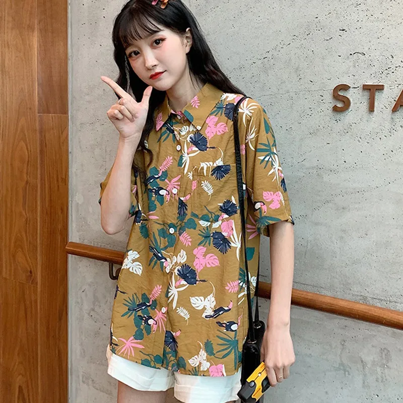 Женская блузка на пуговицах в гавайском стиле с короткими рукавами и отложным