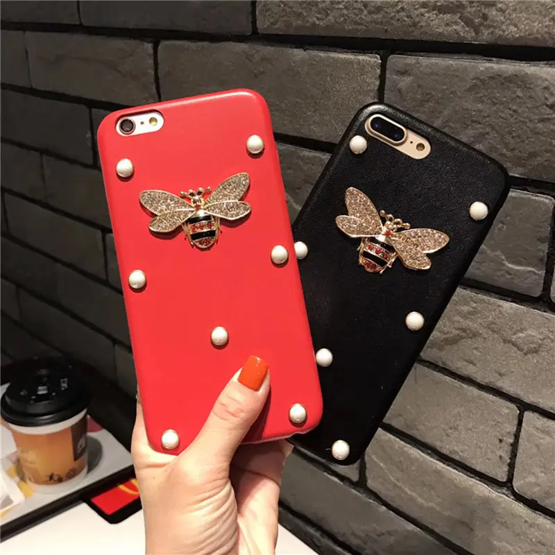 Роскошный кожаный диаманта Bling 3D металла пчелы жемчужина Чехлы для iPhone 7 P 6 8 X ТПУ