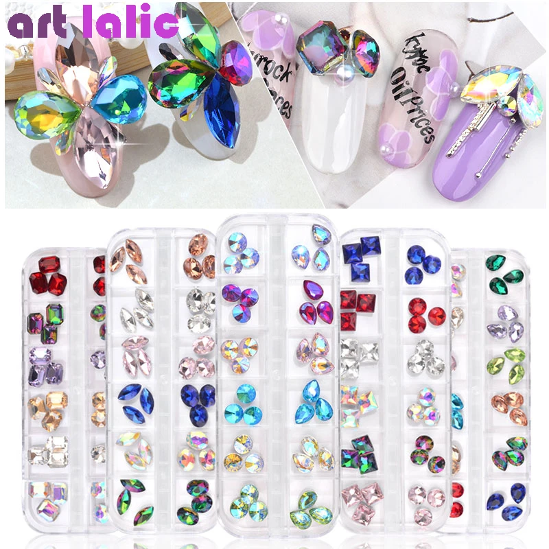 

1 Box Multi Size Glass Nail Rhinestones Mixed Colors Sharp-back Crystal Strass 3D Charm Gems DIY Manicure Nail Art Decorations