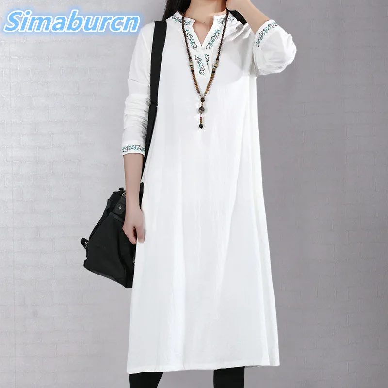 

Women Vintage Summer Cotton Linen Dress Ethnic Style Loose Maxi Dress Long Sleeve Female Causal Bohemian White Dresses Vestidos