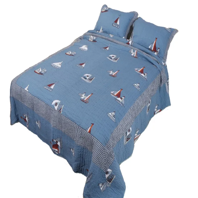 

Free shipping Mediterranean style sailing boat blue handmade applique patchwork quilt air conditioning bedspread/bed cover