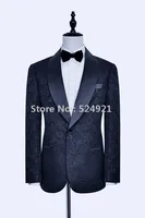 New Groomsmen Navy Blue Pattern Groom Tuxedos Shawl Lapel Men Suits Side Vent Wedding/Prom Best Man ( Jacket+Pants+Tie ) C280