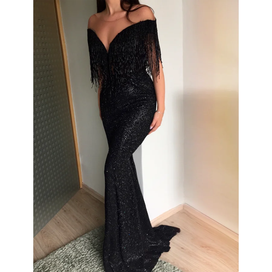 Женское вечернее платье с открытыми плечами SoAyle Черное длинное блестками