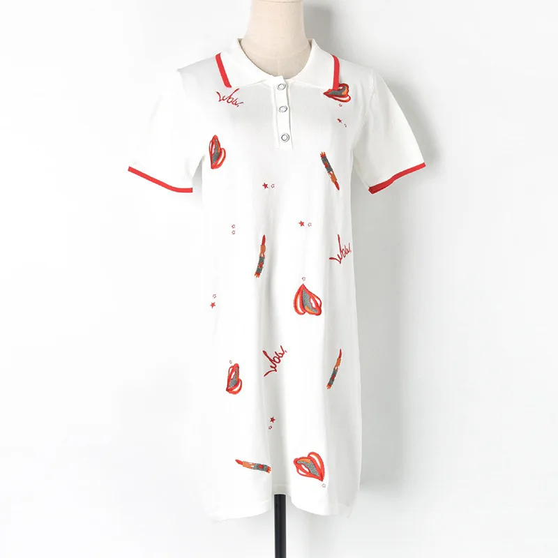 Элегантный дизайн платье поло вышивка вязать короткое мини 2019 отложным