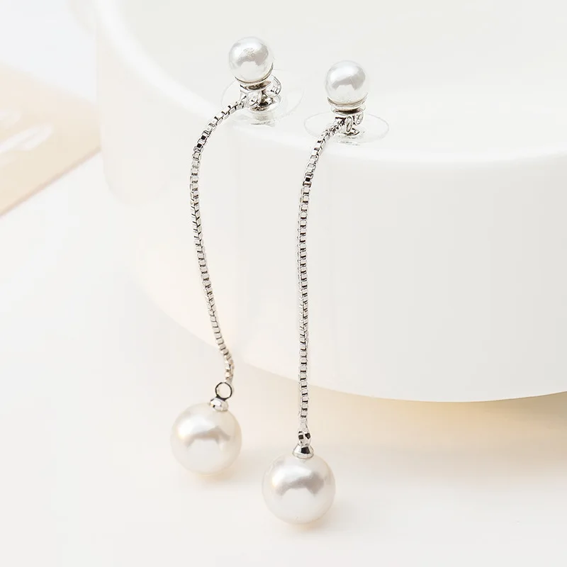 Женские серьги гвоздики с длинной цепочкой и кисточками Двухсторонние жемчугом