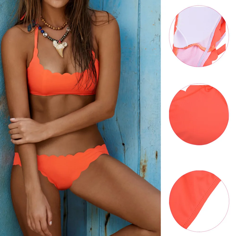 Летний оранжевый комплект бикини с лямкой на шее купальник женский бюстгальтер