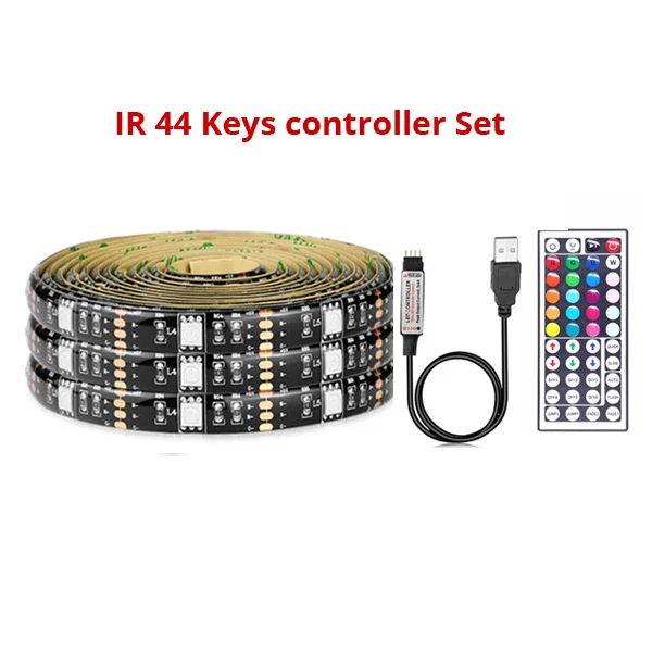 black IR 44key set Светодиодный светильник SMD5050 RGB USB, водонепроницаемый, 5 м, гибкий, DC 5 В, ambi, светильник, 2 м, светодиодный, 3 м, светодиодный, Полоска, лента, диоды, подсветка для телевизора - Испускаемый цвет: black IR 44key set