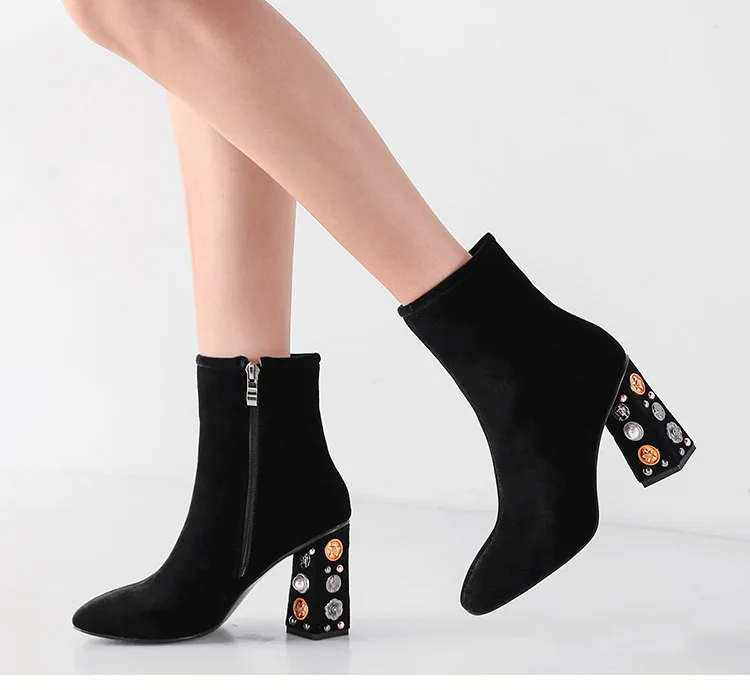 Phoentin красное вино бархатные сапоги женские с кристаллами на каблуке леди молнии ботильоны с квадратным носком элегантная обувь черного цвета для свадьбы FT546