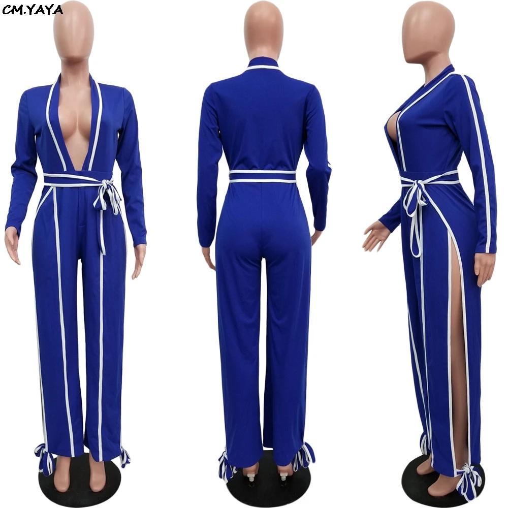 2019 new women summer long sleeve deep v-neck with sashes side split jumpsuit sexy club party romper playsuit 2 color GLS3611 | Женская