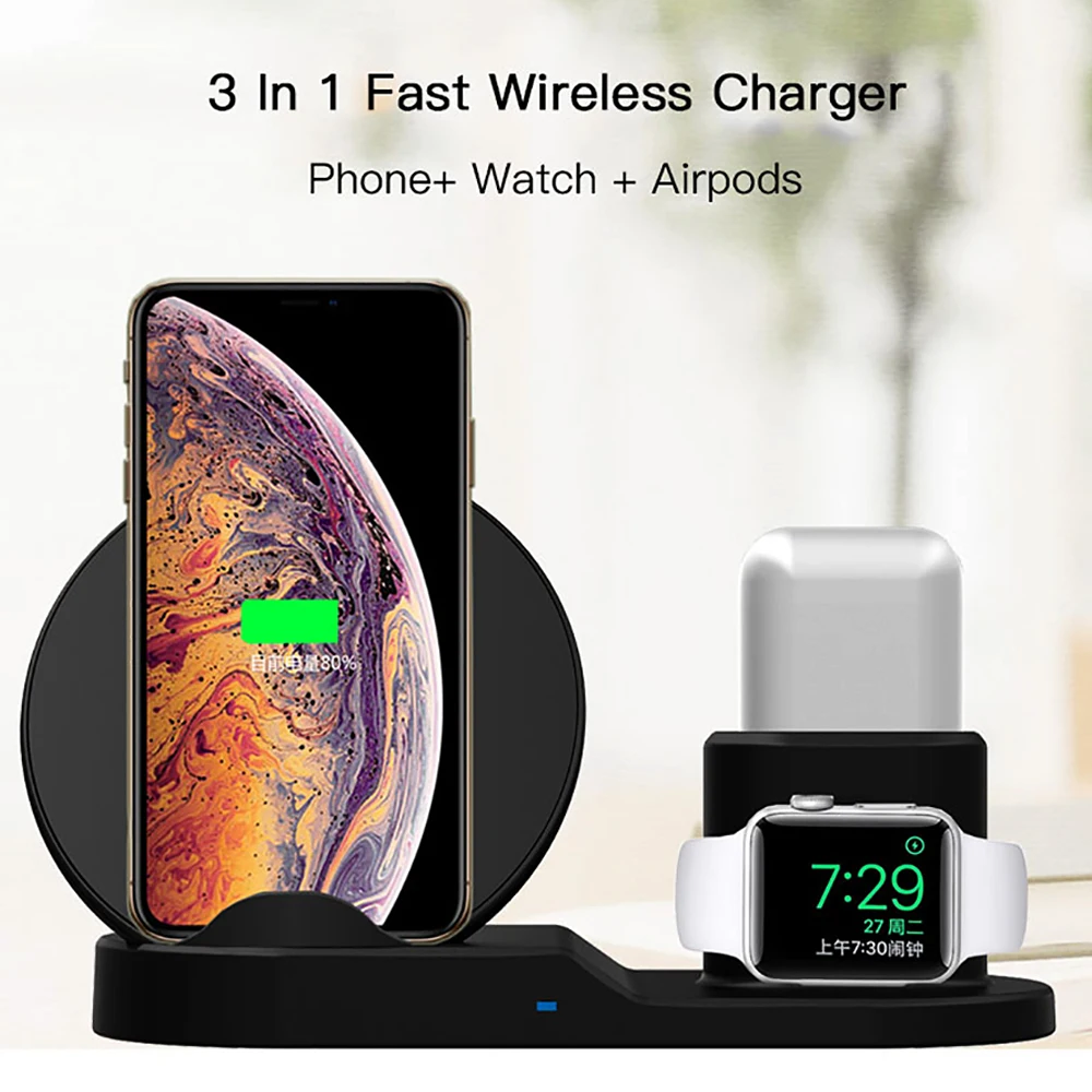 Беспроводное зарядное устройство 3 в 1 QI для iPhone 8 X XS MAX Watch 2 4 Airpods Samsung Galaxy S8 S9 S7 Edge