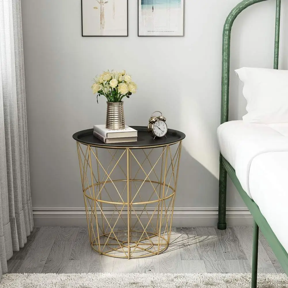 Металлический торцевой стол современный столик для дивана с корзиной хранения и