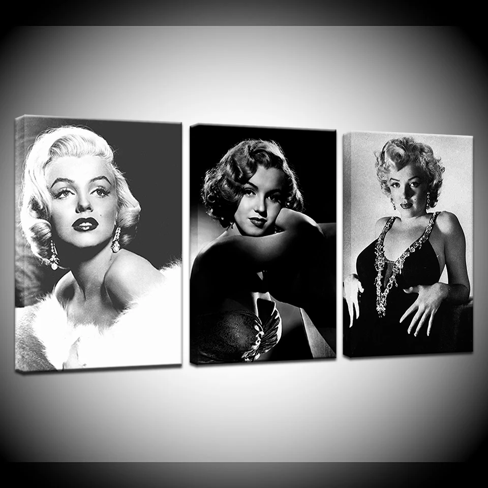 

3 Panel Modern Printed Marilyn Monroe black and white Modular Wall posters Canvas Art painting For home living room decor