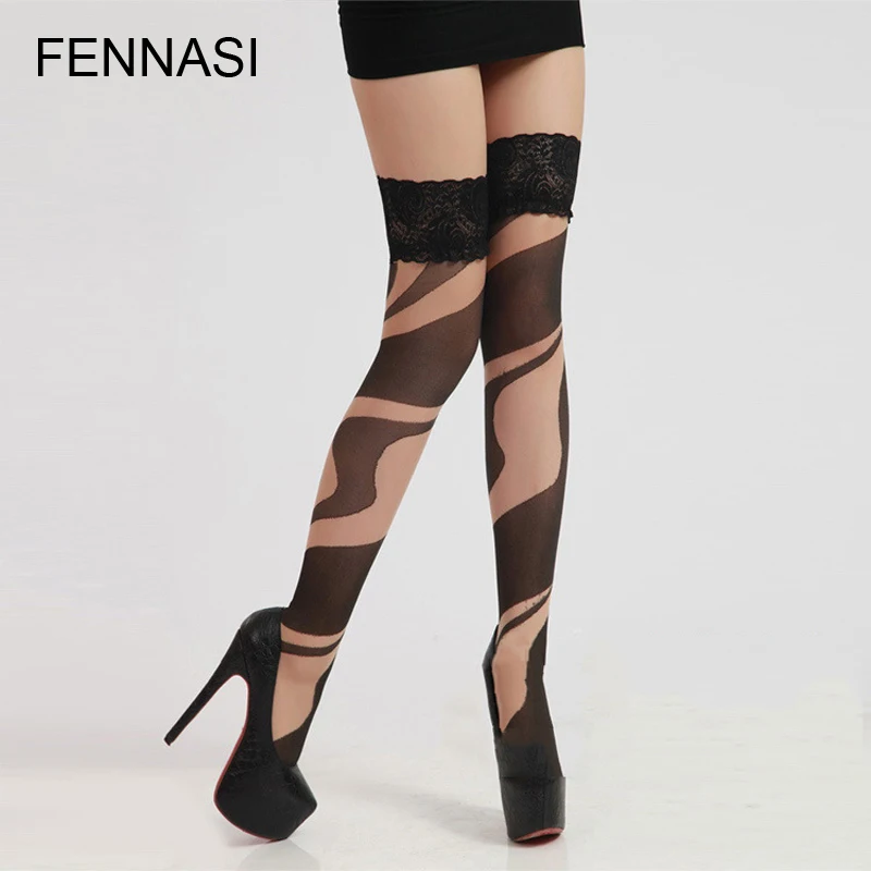 

FENNASI Stripes Women Stockings Lace Top Sexy Pantyhose Thigh High Stockings Over Knee Female Erotic Hosiery Lace Silicone Slip