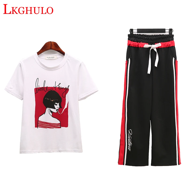 LKGHULO 2018 Летний Новый женский белый Хлопковый повседневный костюм футболка с