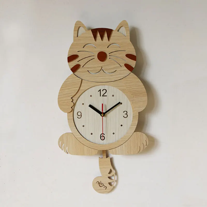 Деревянные милые детские креативные настенные часы с изображением кота для