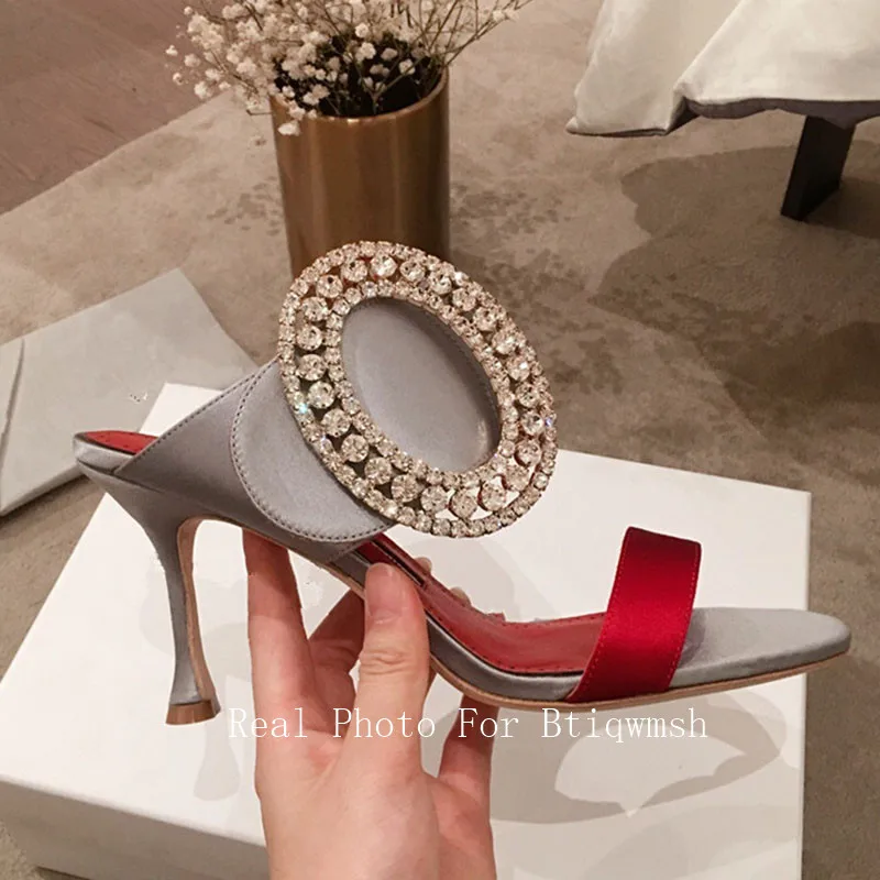 Satin Sandals Women Peep Toe Mixed Color Rhinestone Buckle High Heel Shoes Woman Sexy Party Shoes Mules Slippers