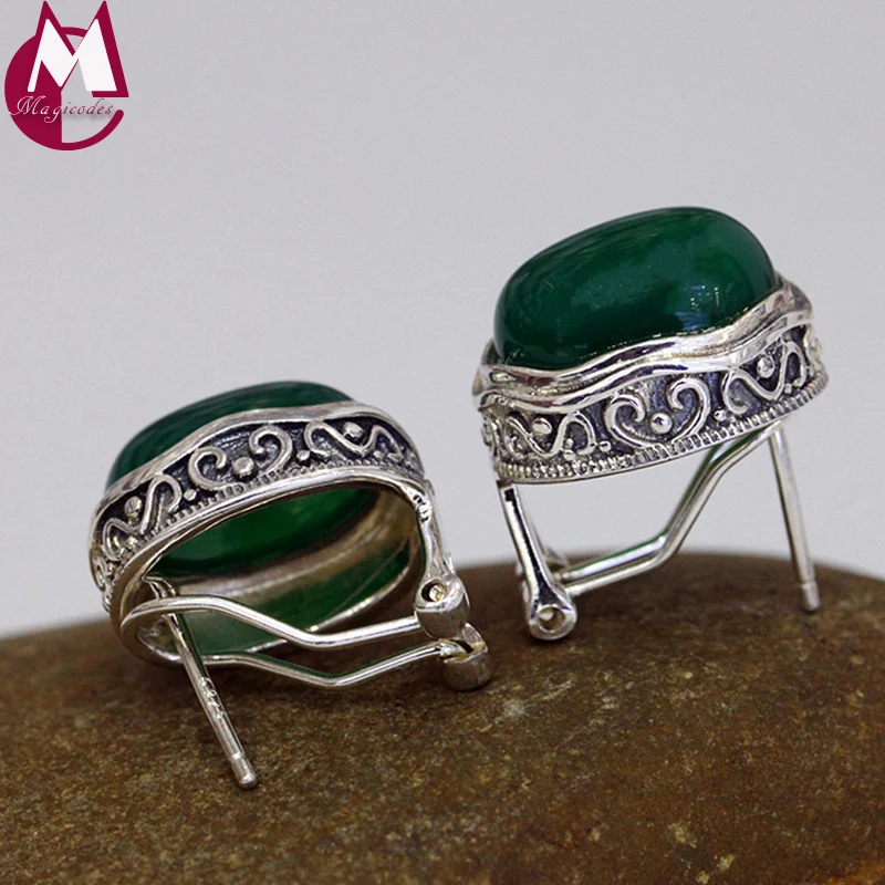 Женские серьги гвоздики из серебра 100% пробы с зелёным агатом|stud earrings|earrings forearrings