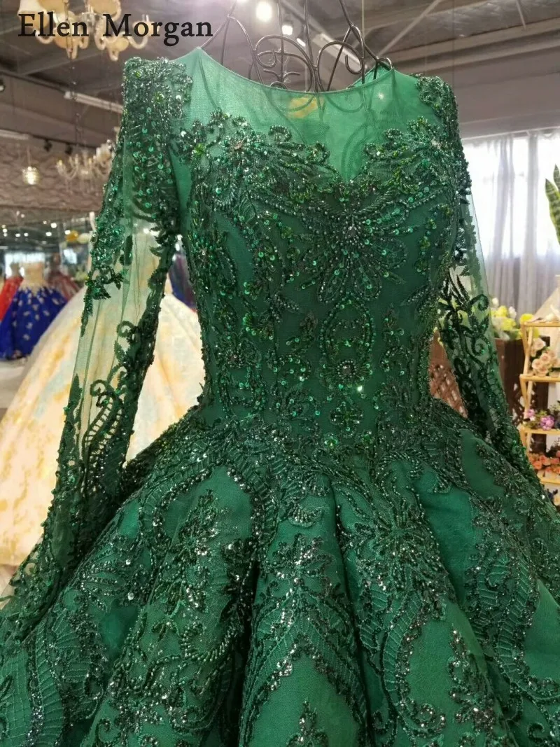 High Quality Green Ball Gowns Wedding Dresses 2019 Saudi Arabian Dubai Lace up Vintage Long Sleeves Muslim Bridal Gowns