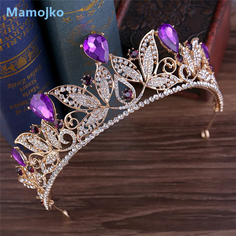 Mamojko, барокко, блестящие, зеленые, красные, синие, Кристальные диадемы, Ретро стиль, золото, серебро, стразы, торжественные короны, женские свадебные аксессуары для волос