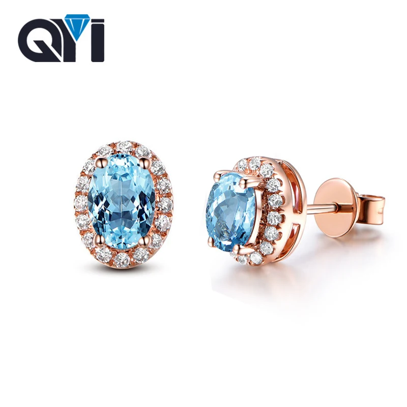 QYI одноцветное 925 пробы серебряные серьги 2,5 ct овальным вырезом Ювелирные изделия с драгоценными камнями для женщины Природный Голубой топаз Halo Серьги