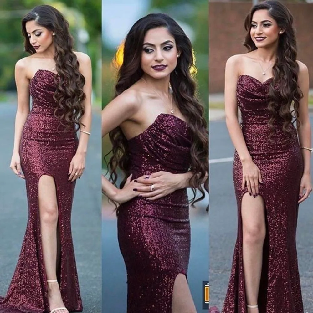 

Sexy Side Slit Sweetheart Mermaid Burgundy Prom Dresses Full Sequined Bridesmaid Dresses Long Wedding Party Gowns
