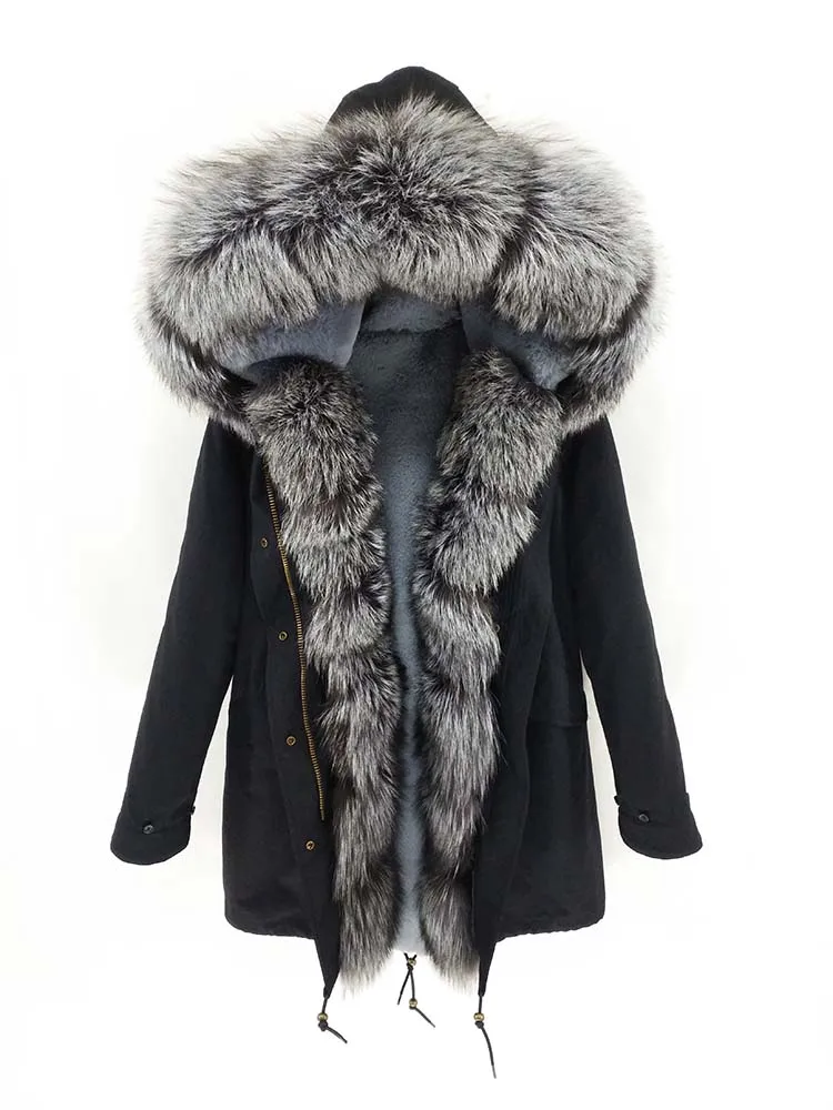 silver fox fur Непромокаемая Длинная зимняя парка Куртка женская Меховое пальто Воротник мех лисы Теплая уличная мода новая - Цвет: silver fox fur