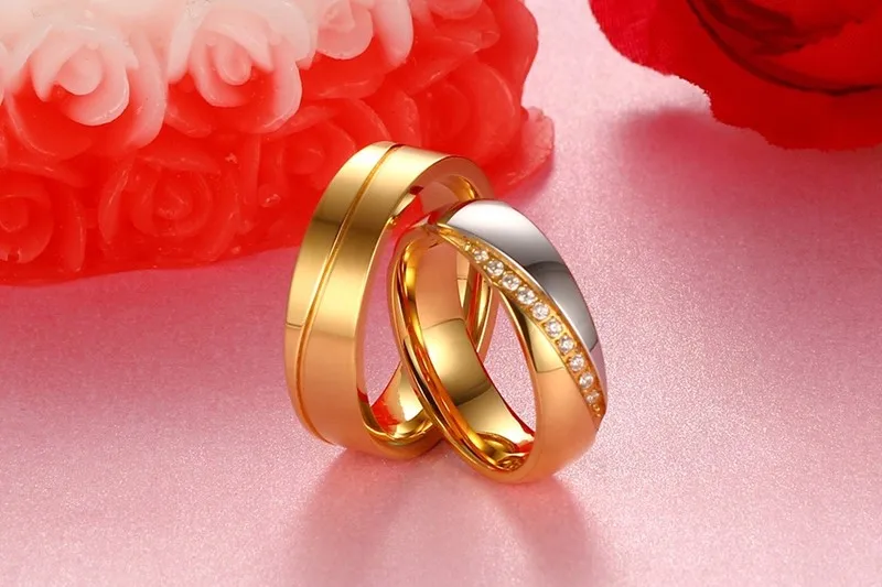 2017 новая мода изысканная titanium стали инкрустированные циркон 2 цвета пара кольца