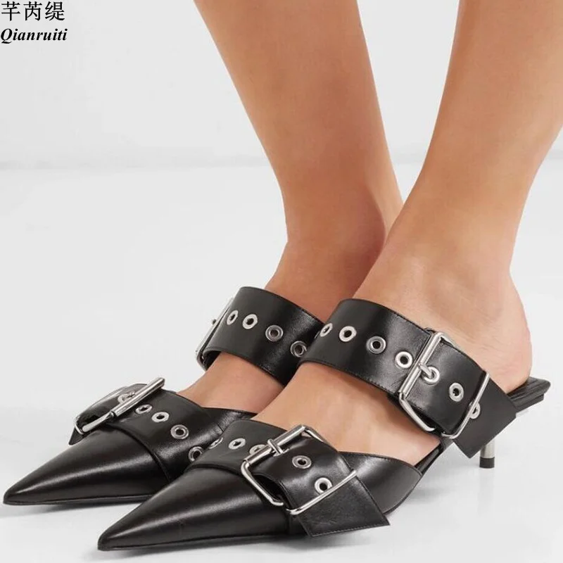 

Qianruiti Casual Shoes Women Belt Leather Mules Wide Buckled Straps Sandals Pointed Toe Kitten Heels Fashion Women Dress Sandal
