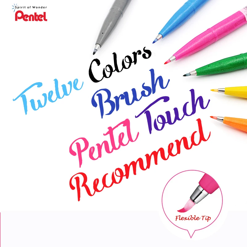 

12 цветов, японская ручка Pentel Arts Sign Touch Fude Brush Tip, каллиграфические маркеры, ручки для граффити, гибкие ручки