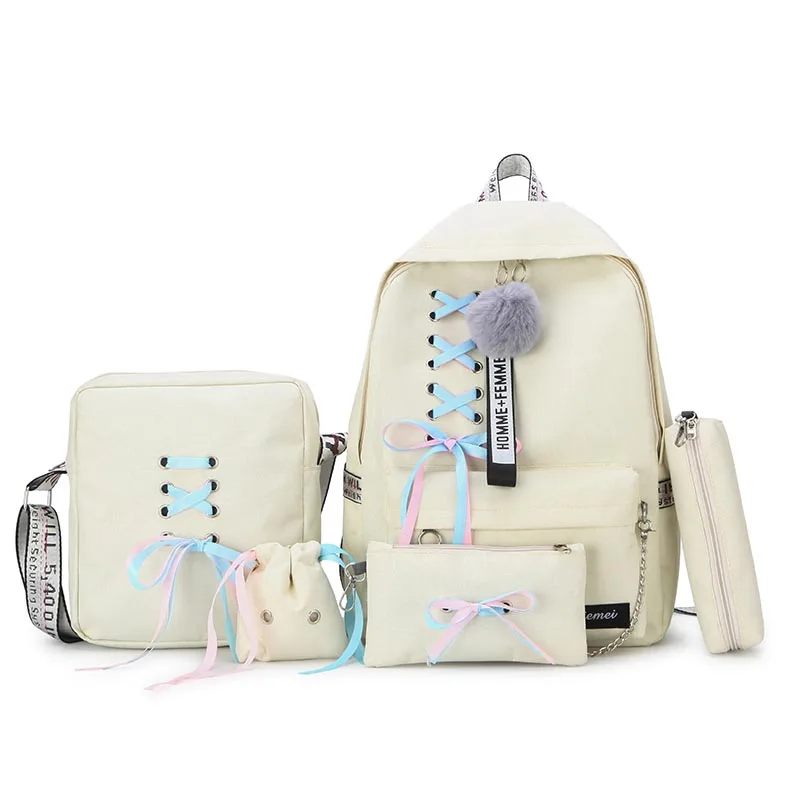 Бежевый 5 шт./компл. модный рюкзак для девочек Школьный рюкзак Mochila Feminina рюкзак, школьные рюкзаки для девочек-подростков, рюкзак для школы, комплект - Цвет: Бежевый