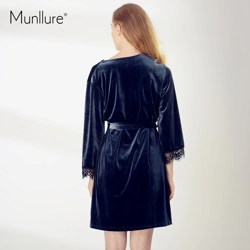 Munllure/Осенняя Женская Высококачественная Черная кружевная ночная рубашка с длинными рукавами из золотого бархата, корейский костюм из ттво