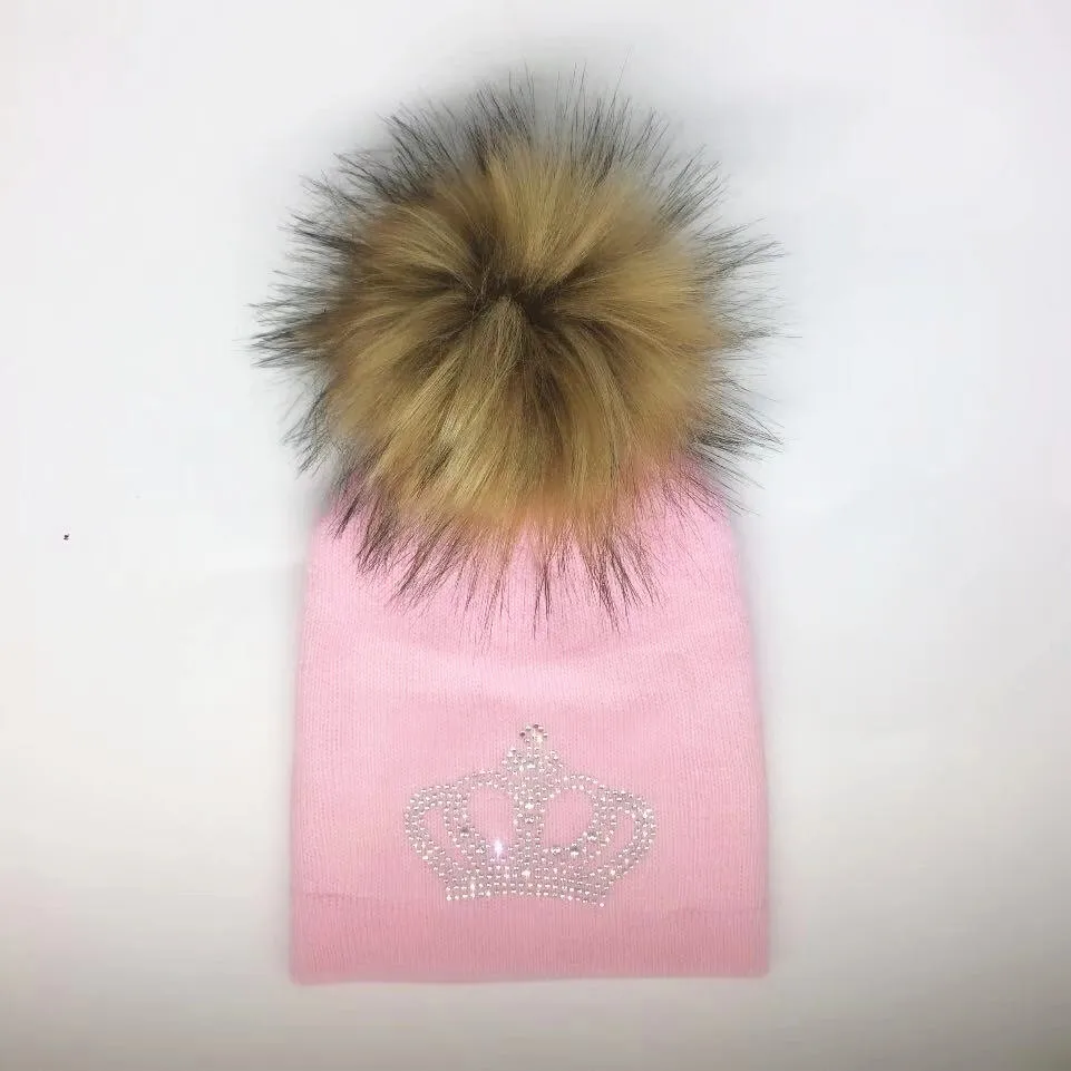 crown pink 2 Детская вязаная теплая Зимняя шерстяная шапка с алмазной вышивкой для девочек и мальчиков, Детские повседневные шапочки короны с помпоном из искусственного меха - Цвет: crown pink 2