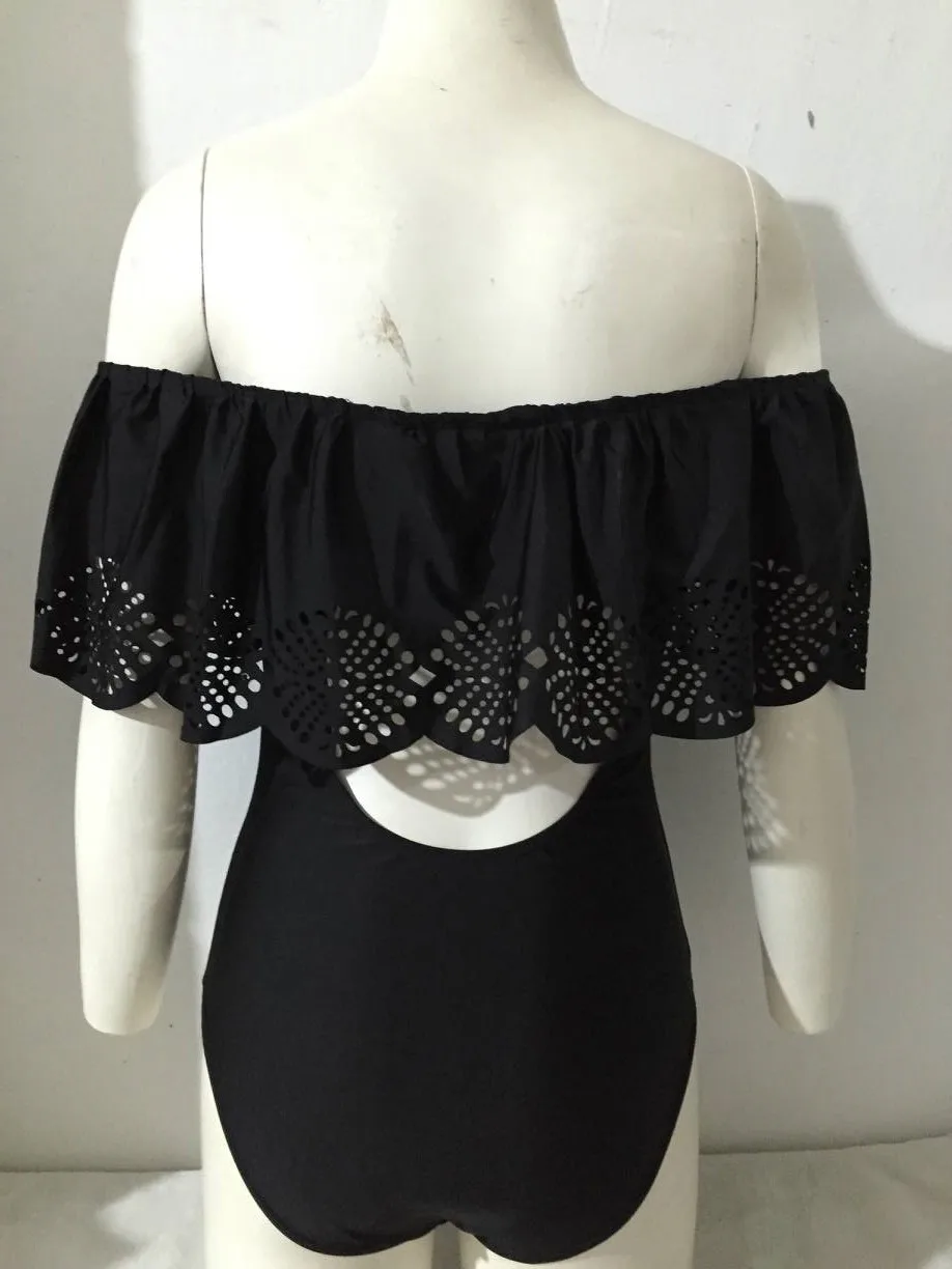 Женский купальник винтажный с воланами открытым плечом черный для лета 2017 | Спорт