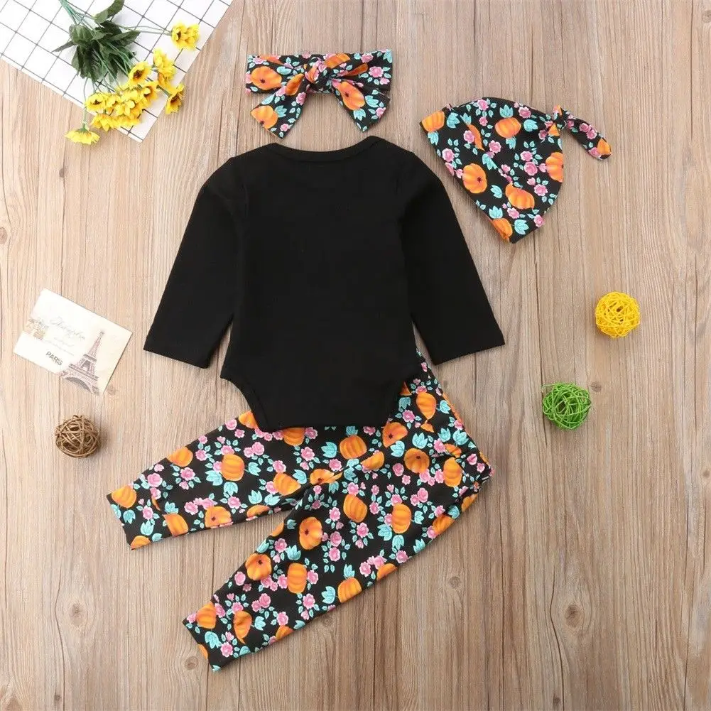 

Newborn Baby Letter Romper Long Sleeve Covered Button Tops Pumpkin Print Pants Cap Halloween Clothes Sets