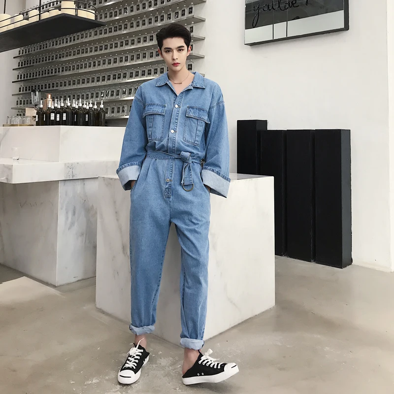 

New Men Retro Fashion Casual Loose Denim Overalls Streetwear Hip Hop Long Sleeve Jeans Harem Pant Male Women Jumpsuit Jeans