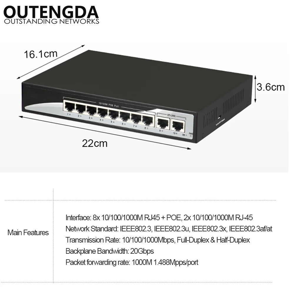 10-портовый полный гигабитный высокомощный сетевой Ethernet-коммутатор 802.af/ at