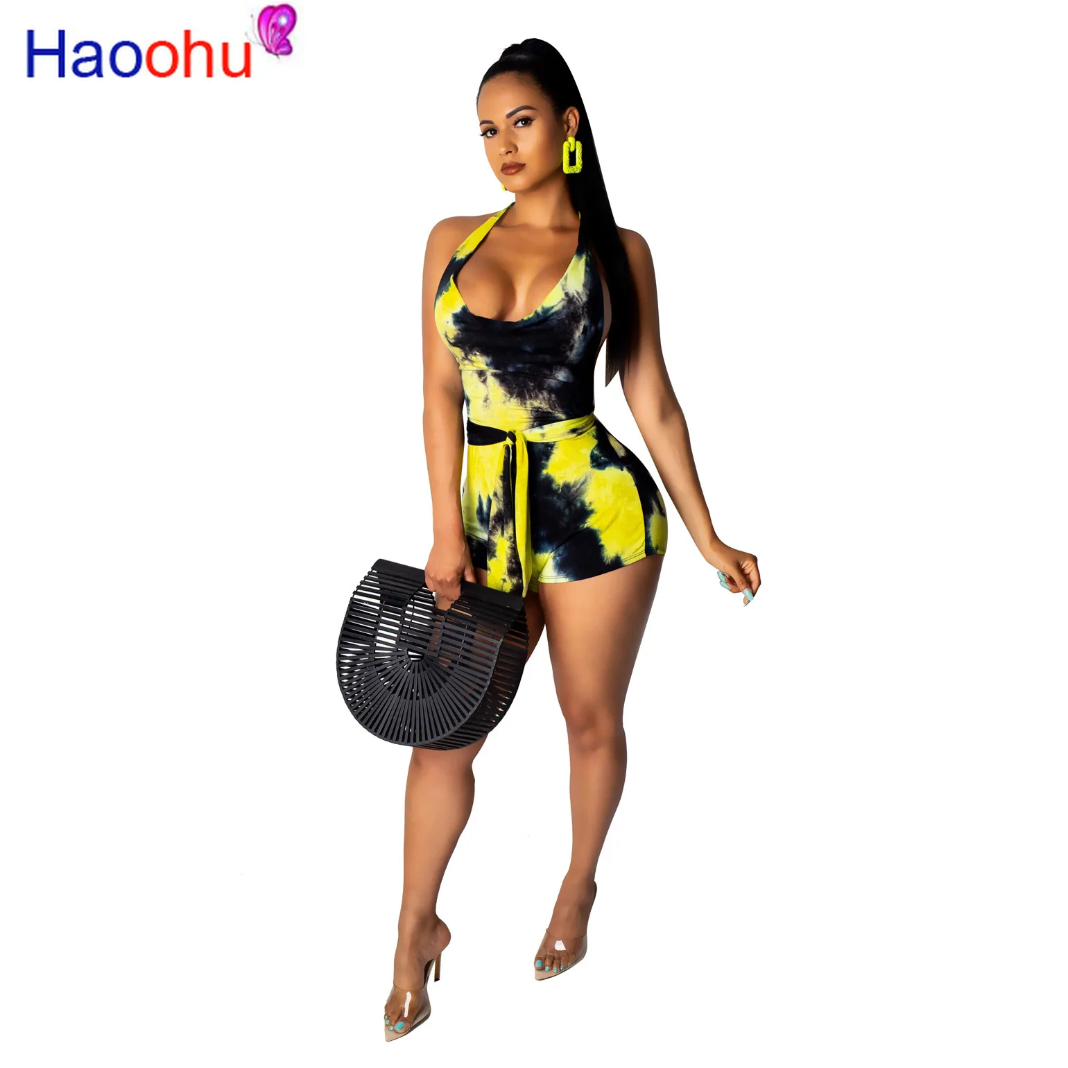 

HAOOHU Tie Dye Sexy Playsuit Women Beach Off Shoulder Backless Summer Overalls One Piece Bodycon Bandage Short Rompers Jumpsuit