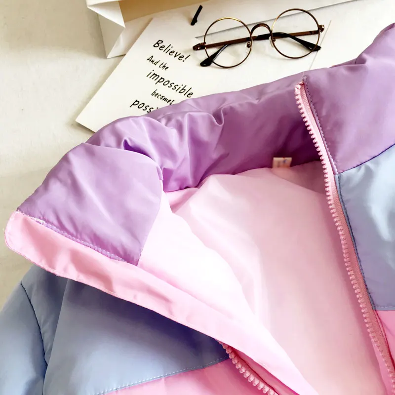 

Warm Women's Coats Oversized Parkas Short Padded Jacket Pockets Winter Clothing Fresh Rainbow Stripe Splicing Fluffy Parkas Lady