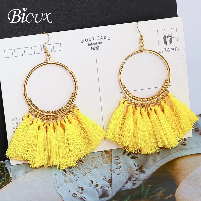 Yellow 5 BICUX, модные богемные массивные серьги с большими кисточками,, красные, желтые, зеленые, шелковые висячие серьги из ткани для женщин, ювелирные изделия - Окраска металла: Yellow 5