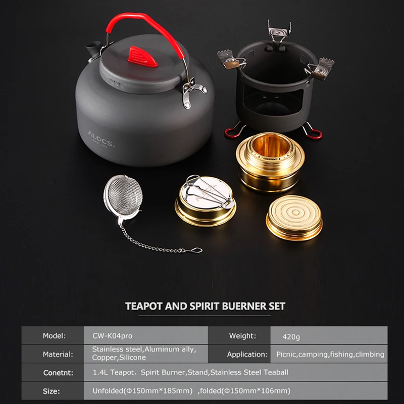 ALOCS K04PRO Открытый Кемпинг 1.4L чайник для воды набор для приготовления пищи кухонная посуда спиртовая горелка Поддержка Подставка для пешего туризма