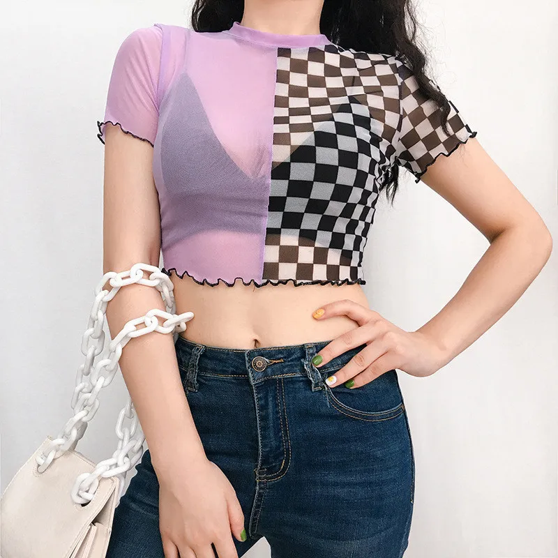 Женская клетчатая сетчатая дышащая футболка с коротким рукавом и рюшами круглым