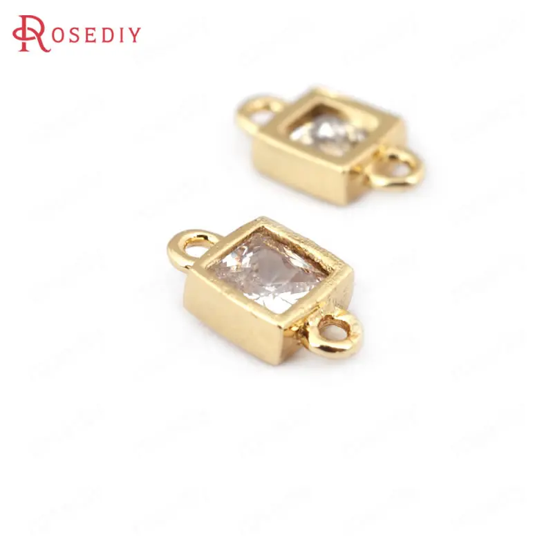 

6PCS 4MM 5.5MM 24K Champagne Gold Color Brass with Zircon 2 Holes Square Connect Charms Jewelry Findings Earrings Accessories