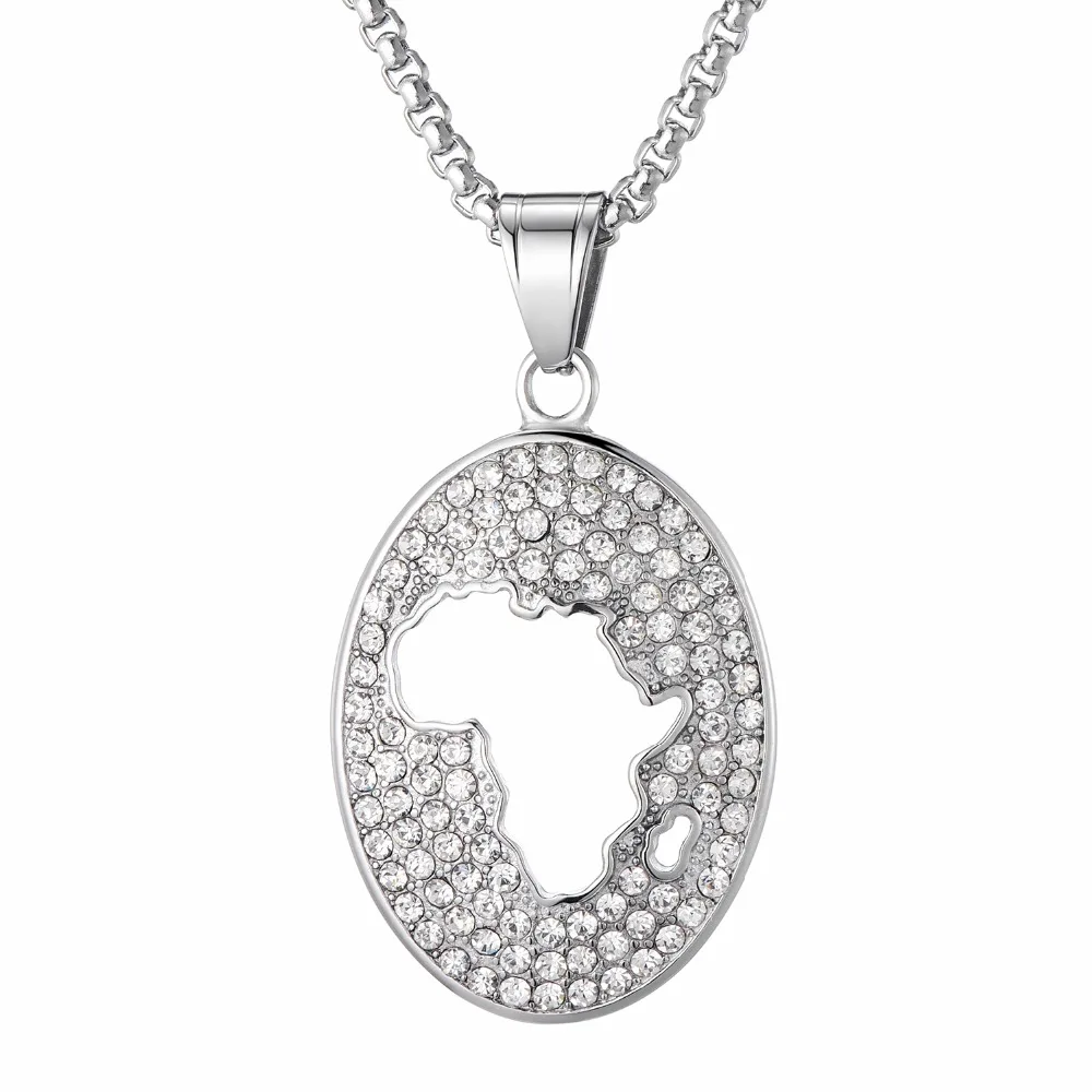 Хип хоп Iced Out Bling Африка кулон карта & ожерелье 316L нержавеющая сталь для мужчин