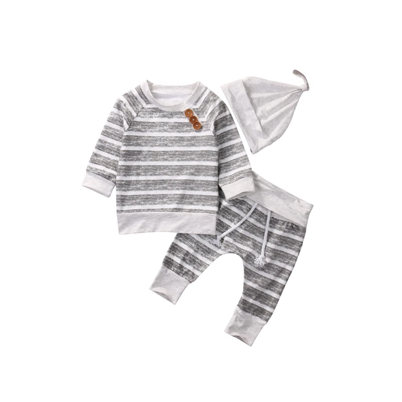 2017 Casual Active Toddler Baby Boy Girls Cotton Long Sleeve O-Neck Pullover Striped Shirt Top Pant Hat 3PCS Outfit Autumn 0-18M | Детская