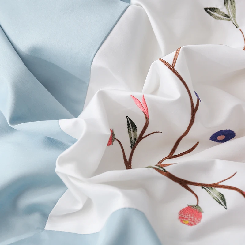 Свежий синий розовый цветочный вышивка пододеяльник из египетского хлопка