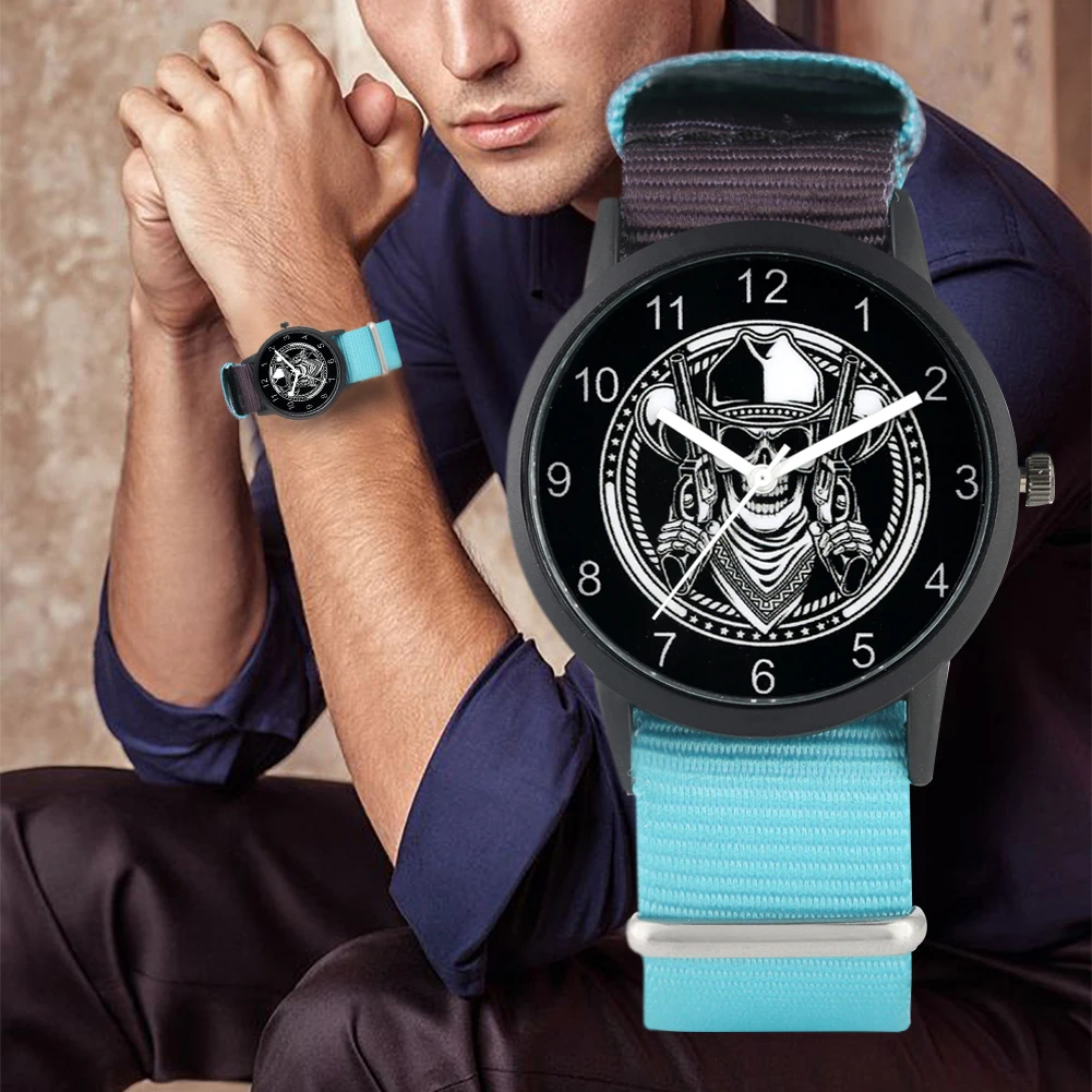 Men's Watch Skull Holding a Double Gun Pattern Quartz Nylon Strap Wristwatch for Male | Наручные часы