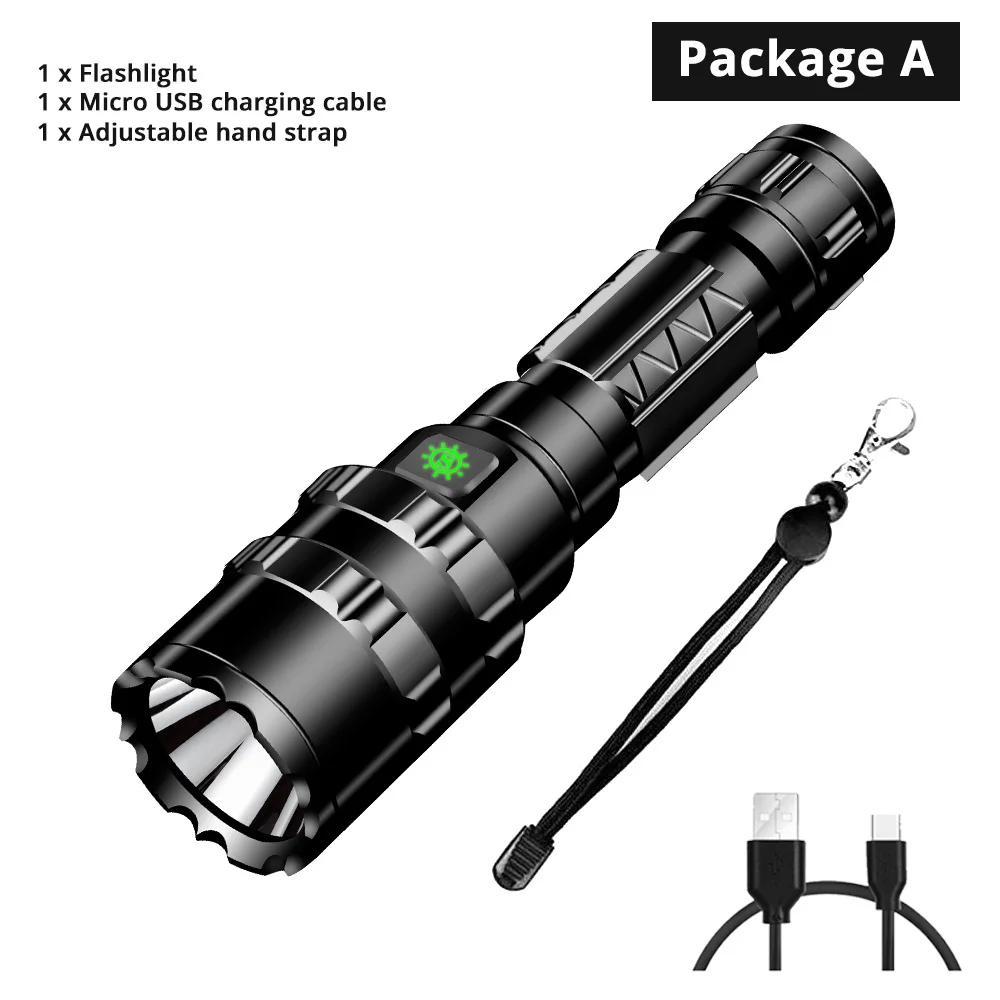 Package A Ультра яркий светодиодный тактический светильник с зарядкой от USB, водонепроницаемый походный светильник фонарь, охотничий светильник, 5 режимов, аккумулятор 18650 - Испускаемый цвет: Package A
