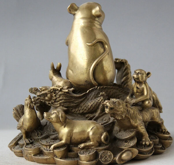 856++7&quot Chinese Brass 12 Zodiac Year Mouse Rat Mice Horse Tiger Pig Bull Statue Set | Дом и сад